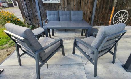 Grafitowy zestaw aluminiowych mebli na taras dla 7 osób ze stołem ceramic glass - Tavaro Dining Antracite