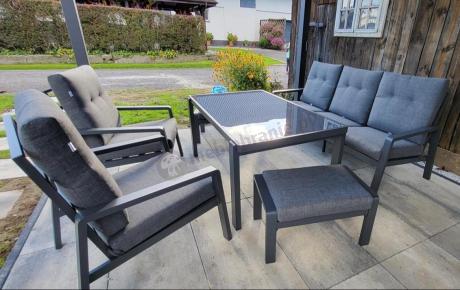 Grafitowy zestaw aluminiowych mebli na taras dla 7 osób ze stołem ceramic glass - Tavaro Dining Antracite