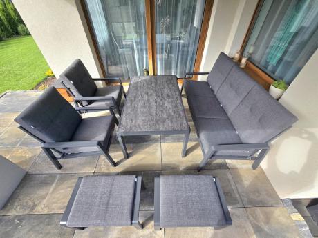 Grafitowy zestaw aluminiowych mebli na taras dla 7 osób ze stołem ceramic glass - Tavaro Dining Antracite