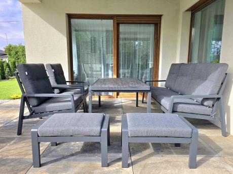 Grafitowy zestaw aluminiowych mebli na taras dla 7 osób ze stołem ceramic glass - Tavaro Dining Antracite