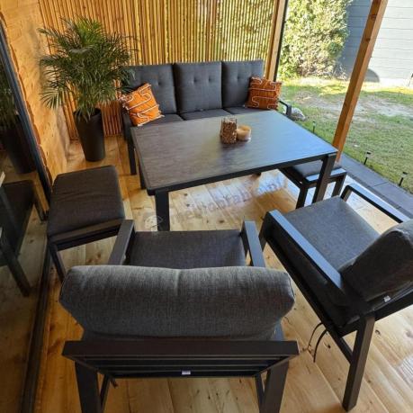 Grafitowy zestaw aluminiowych mebli na taras dla 7 osób ze stołem ceramic glass - Tavaro Dining Antracite