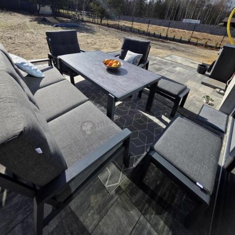 Grafitowy zestaw aluminiowych mebli na taras dla 7 osób ze stołem ceramic glass - Tavaro Dining Antracite