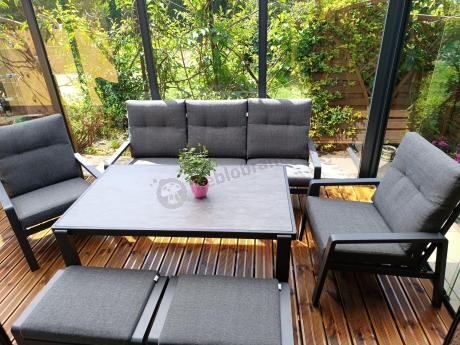 Grafitowy zestaw aluminiowych mebli na taras dla 7 osób ze stołem ceramic glass - Tavaro Dining Antracite