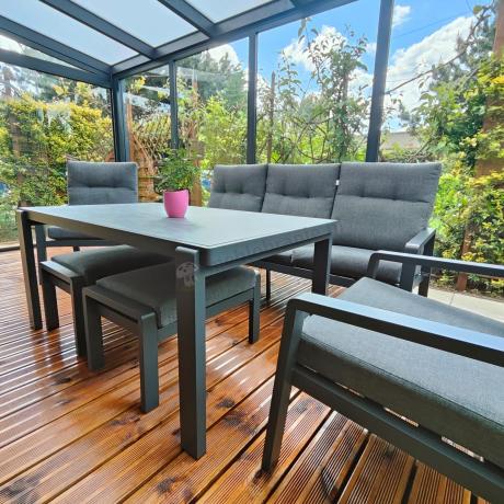 Grafitowy zestaw aluminiowych mebli na taras dla 7 osób ze stołem ceramic glass - Tavaro Dining Antracite