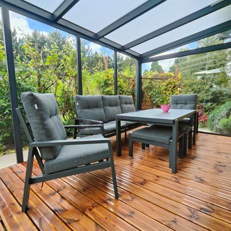 Grafitowy zestaw aluminiowych mebli na taras dla 7 osób ze stołem ceramic glass - Tavaro Dining Antracite