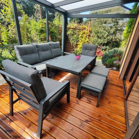 Grafitowy zestaw aluminiowych mebli na taras dla 7 osób ze stołem ceramic glass - Tavaro Dining Antracite