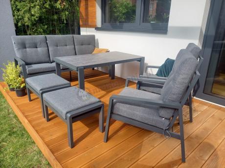 Grafitowy zestaw aluminiowych mebli na taras dla 7 osób ze stołem ceramic glass - Tavaro Dining Antracite