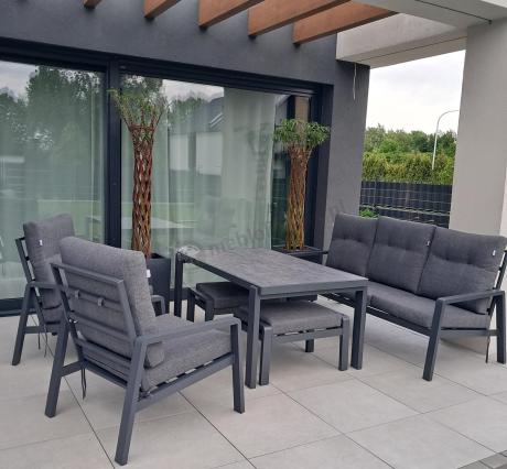 Grafitowy zestaw aluminiowych mebli na taras dla 7 osób ze stołem ceramic glass - Tavaro Dining Antracite