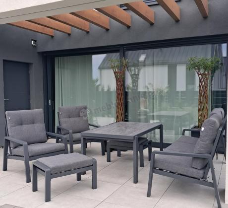 Grafitowy zestaw aluminiowych mebli na taras dla 7 osób ze stołem ceramic glass - Tavaro Dining Antracite