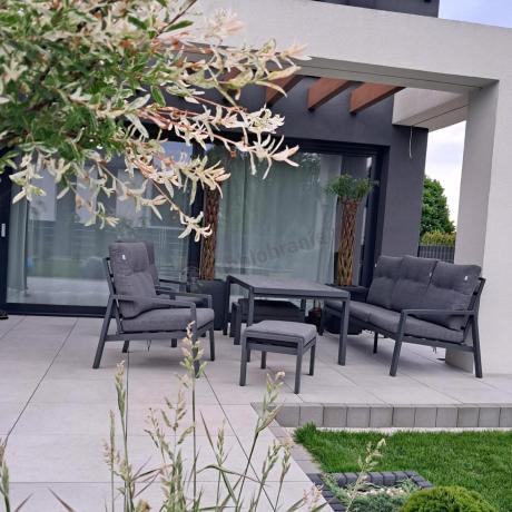 Grafitowy zestaw aluminiowych mebli na taras dla 7 osób ze stołem ceramic glass - Tavaro Dining Antracite