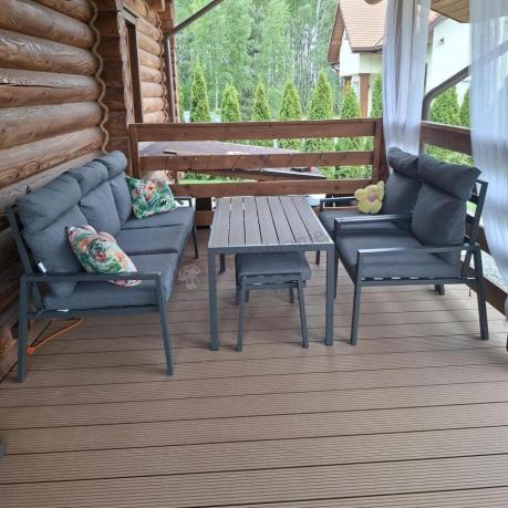 Grafitowy zestaw mebli metalowych na taras Doros Dining + pufy wysokie oparcie - Polywood Dark Grey
