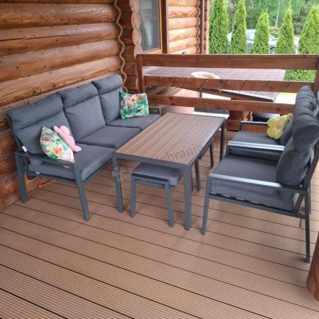 Grafitowy zestaw mebli metalowych na taras Doros Dining + pufy wysokie oparcie - Polywood Dark Grey