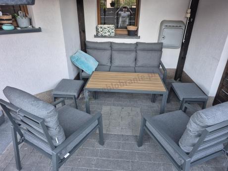 Grafitowy zestaw mebli metalowych na taras Doros Dining + pufy wysokie oparcie - Polywood Dark Grey