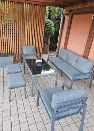 Grafitowy zestaw mebli metalowych na taras Sodor Dining + pufy - Dark Grey