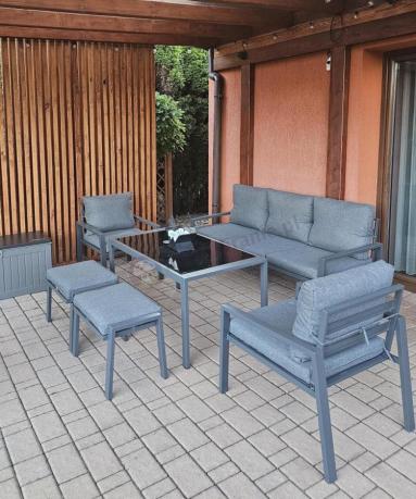 Grafitowy zestaw mebli metalowych na taras Sodor Dining + pufy - Dark Grey