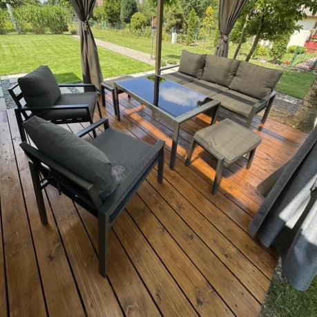 Grafitowy zestaw mebli metalowych na taras Sodor Dining + pufy - Dark Grey