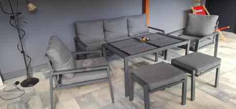 Grafitowy zestaw mebli metalowych na taras Sodor Dining + pufy - Dark Grey