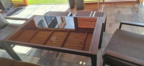 Grafitowy zestaw mebli metalowych na taras Sodor Dining + pufy - Dark Grey