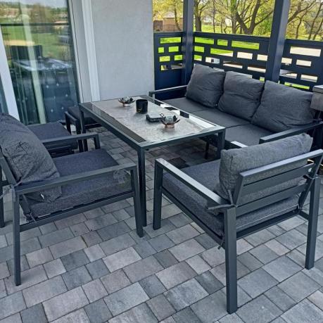 Grafitowy zestaw mebli metalowych na taras Sodor Dining + pufy - Dark Grey