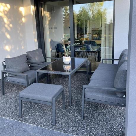 Grafitowy zestaw mebli metalowych na taras Sodor Dining + pufy - Dark Grey