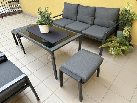 Grafitowy zestaw mebli metalowych na taras Sodor Dining + pufy - Dark Grey