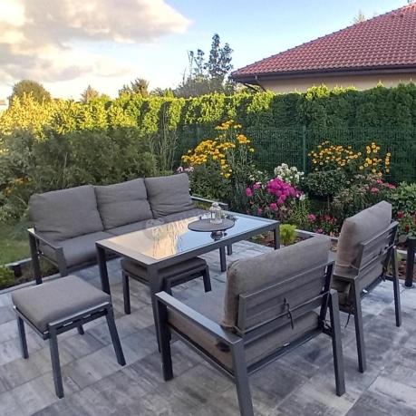 Grafitowy zestaw mebli metalowych na taras Sodor Dining + pufy - Dark Grey