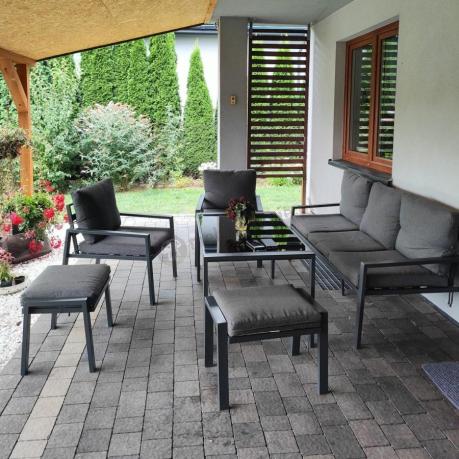 Grafitowy zestaw mebli metalowych na taras Sodor Dining + pufy - Dark Grey