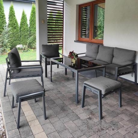 Grafitowy zestaw mebli metalowych na taras Sodor Dining + pufy - Dark Grey