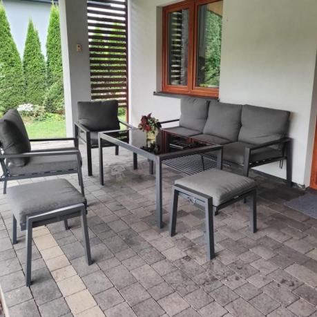 Grafitowy zestaw mebli metalowych na taras Sodor Dining + pufy - Dark Grey