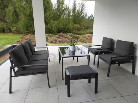 Grafitowy zestaw mebli metalowych na taras Sodor Dining + pufy - Dark Grey