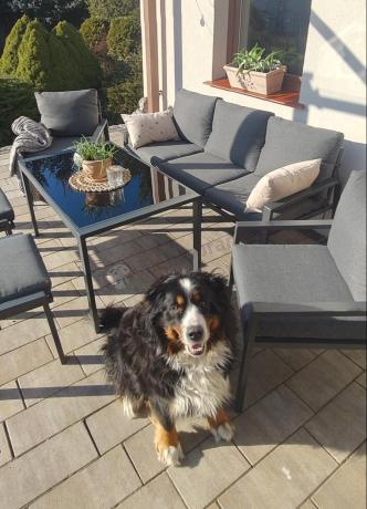 Grafitowy zestaw mebli metalowych na taras Sodor Dining + pufy - Dark Grey