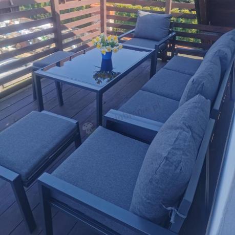 Grafitowy zestaw mebli metalowych na taras Sodor Dining + pufy - Dark Grey
