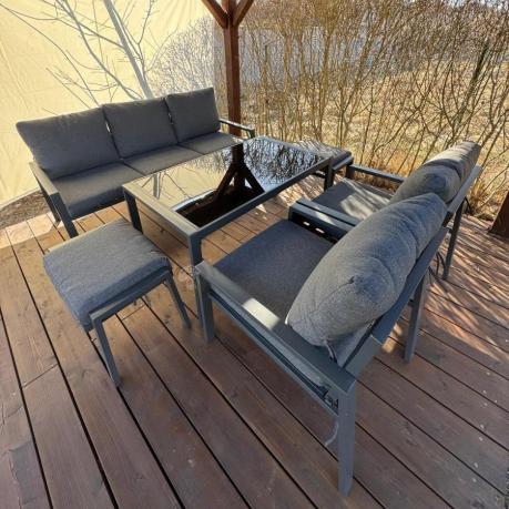 Grafitowy zestaw mebli metalowych na taras Sodor Dining + pufy - Dark Grey