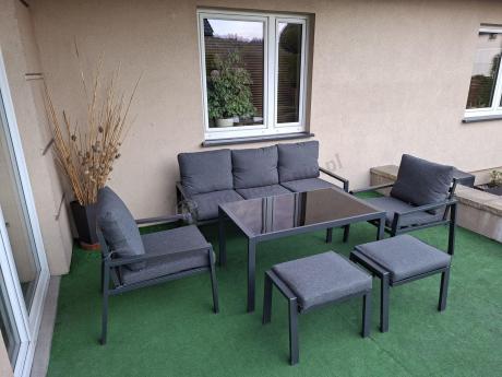 Grafitowy zestaw mebli metalowych na taras Sodor Dining + pufy - Dark Grey