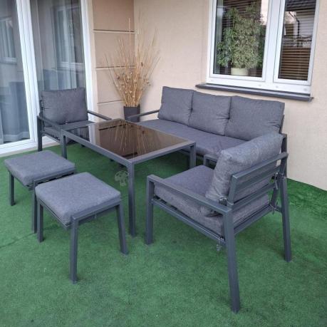 Grafitowy zestaw mebli metalowych na taras Sodor Dining + pufy - Dark Grey