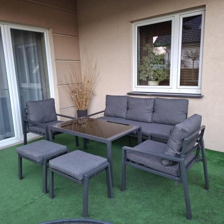 Grafitowy zestaw mebli metalowych na taras Sodor Dining + pufy - Dark Grey