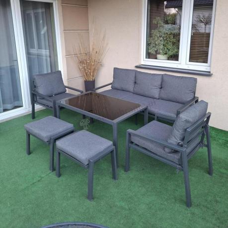 Grafitowy zestaw mebli metalowych na taras Sodor Dining + pufy - Dark Grey