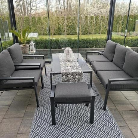 Grafitowy zestaw mebli metalowych na taras Sodor Dining + pufy - Dark Grey