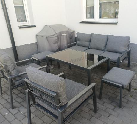 Grafitowy zestaw mebli metalowych na taras Sodor Dining + pufy - Dark Grey