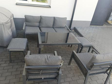 Grafitowy zestaw mebli metalowych na taras Sodor Dining + pufy - Dark Grey