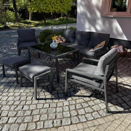 Grafitowy zestaw mebli metalowych na taras Sodor Dining + pufy - Dark Grey