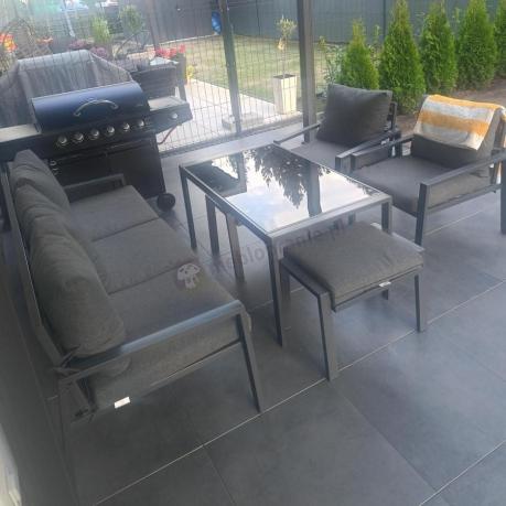 Grafitowy zestaw mebli metalowych na taras Sodor Dining + pufy - Dark Grey