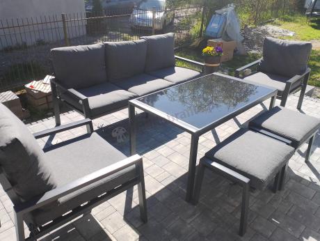 Grafitowy zestaw mebli metalowych na taras Sodor Dining + pufy - Dark Grey