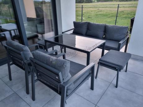 Grafitowy zestaw mebli metalowych na taras Sodor Dining + pufy - Dark Grey