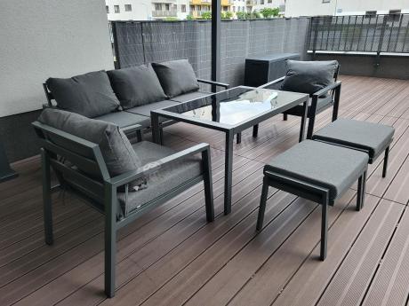 Grafitowy zestaw mebli metalowych na taras Sodor Dining + pufy - Dark Grey