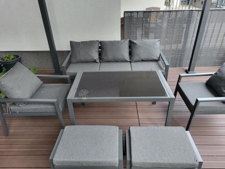 Grafitowy zestaw mebli metalowych na taras Sodor Dining + pufy - Dark Grey