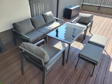 Grafitowy zestaw mebli metalowych na taras Sodor Dining + pufy - Dark Grey