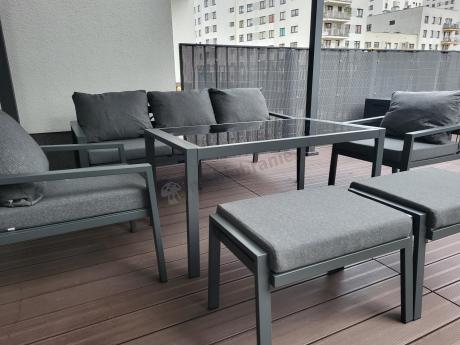 Grafitowy zestaw mebli metalowych na taras Sodor Dining + pufy - Dark Grey