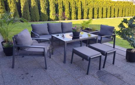 Grafitowy zestaw mebli metalowych na taras Sodor Dining + pufy - Dark Grey