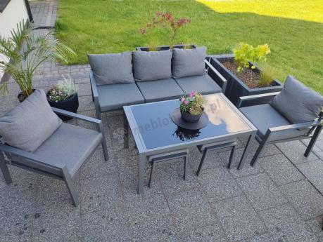 Grafitowy zestaw mebli metalowych na taras Sodor Dining + pufy - Dark Grey